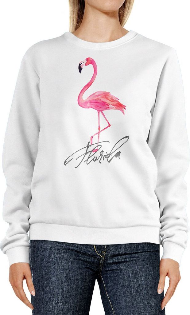 Sweatshirt Damen Flamingo Print Florida Schriftzug Watercolor Design Rundhals-Pullover Pulli Sweater Neverless weiß L