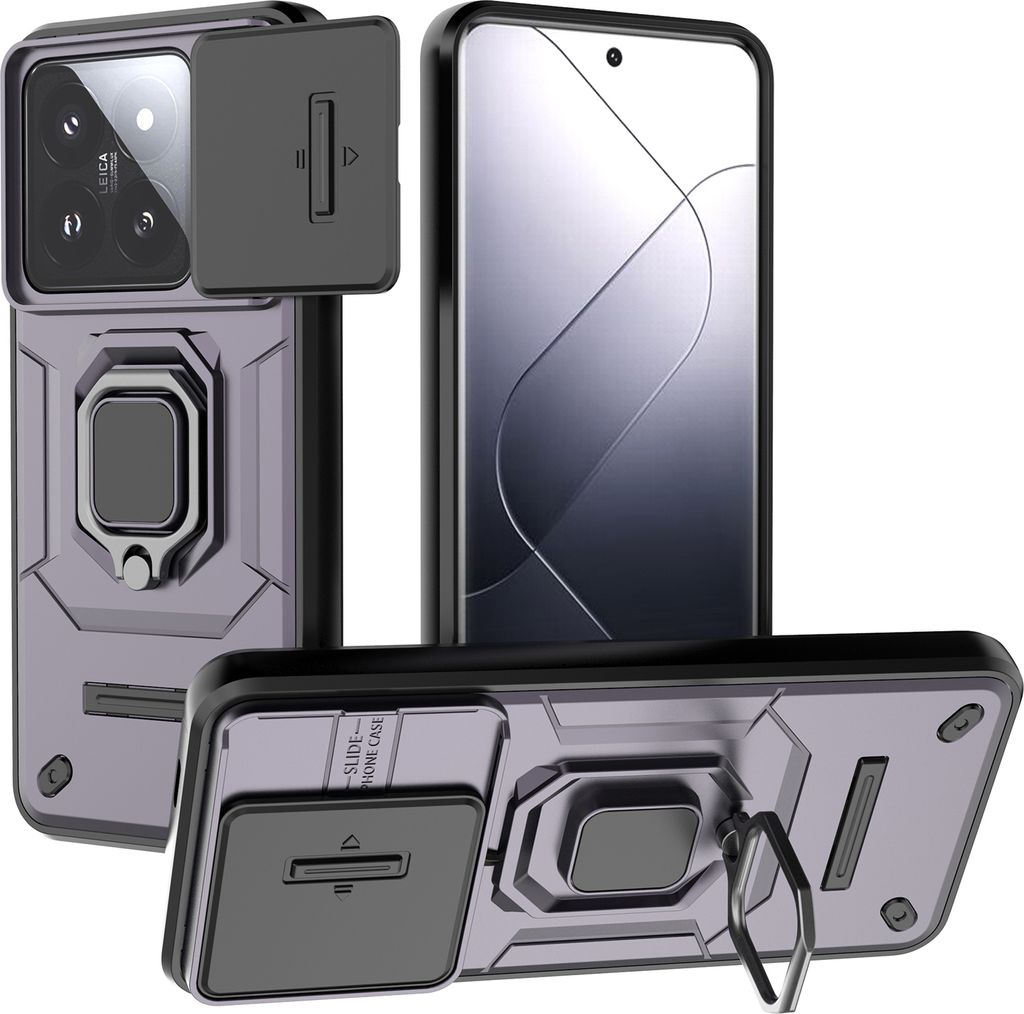 Hülle für Xiaomi 14 Pro Dual Layer Handyhülle Schiebe Kamera Schutz und Ringhalter Ständer Lila