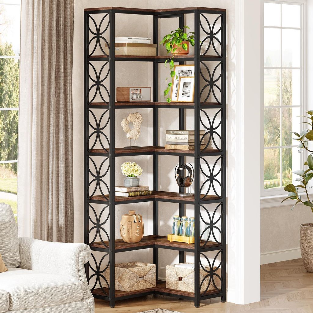 Tribesigns Bücherregal, 7-stöckiges hohes Eckbücherregal aus Holz mit Metallrahmen, freistehendes Eckregal Wohnzimmer, Küche, rustikales Braun ...