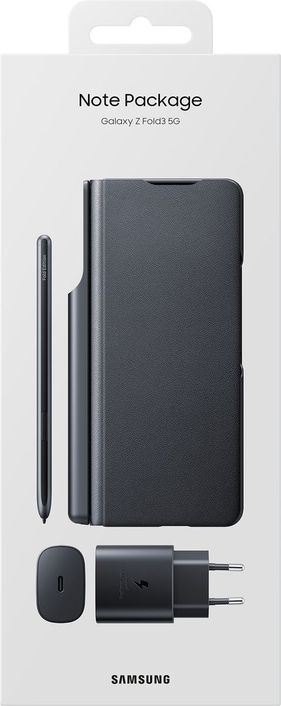 The image shows the packaging of a Samsung Note Package, which includes a phone case, a stylus, and a charger.
