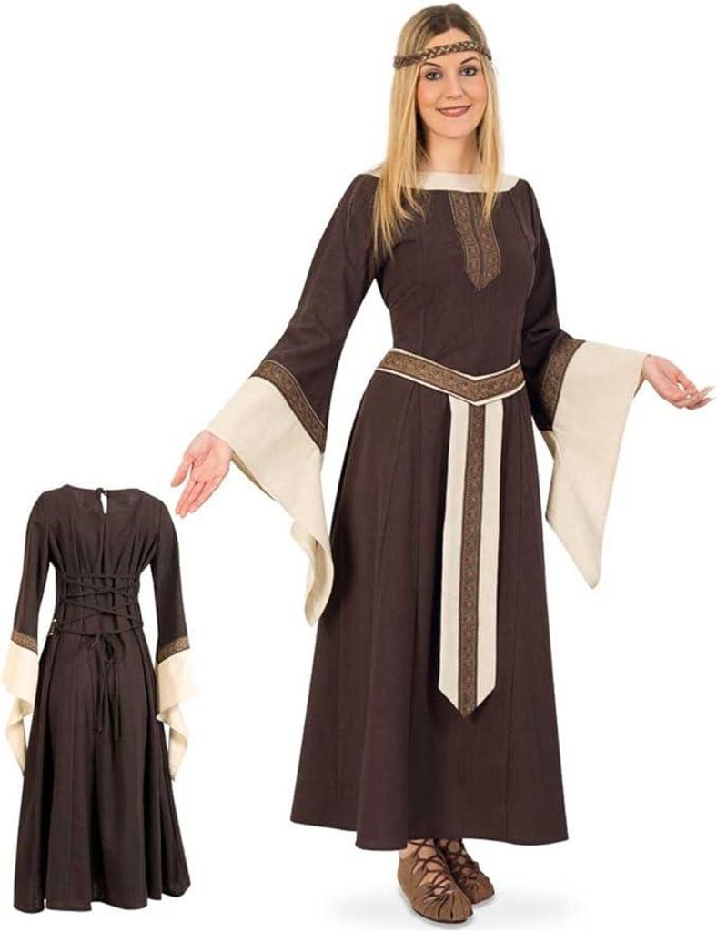 Edelfrau-Kleid braun beige langarmiges langes Kleid mit Gürtelblende (L)