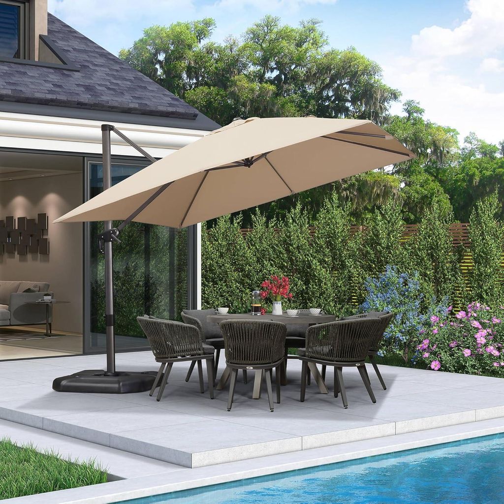 PURPLE LEAF Sonnenschirm 300 x 300 cm Groß Ampelschirm mit Kurbel 360-Grad Drehbar mit Fußpedal und Kreuzsockel für Terrasse, Beige