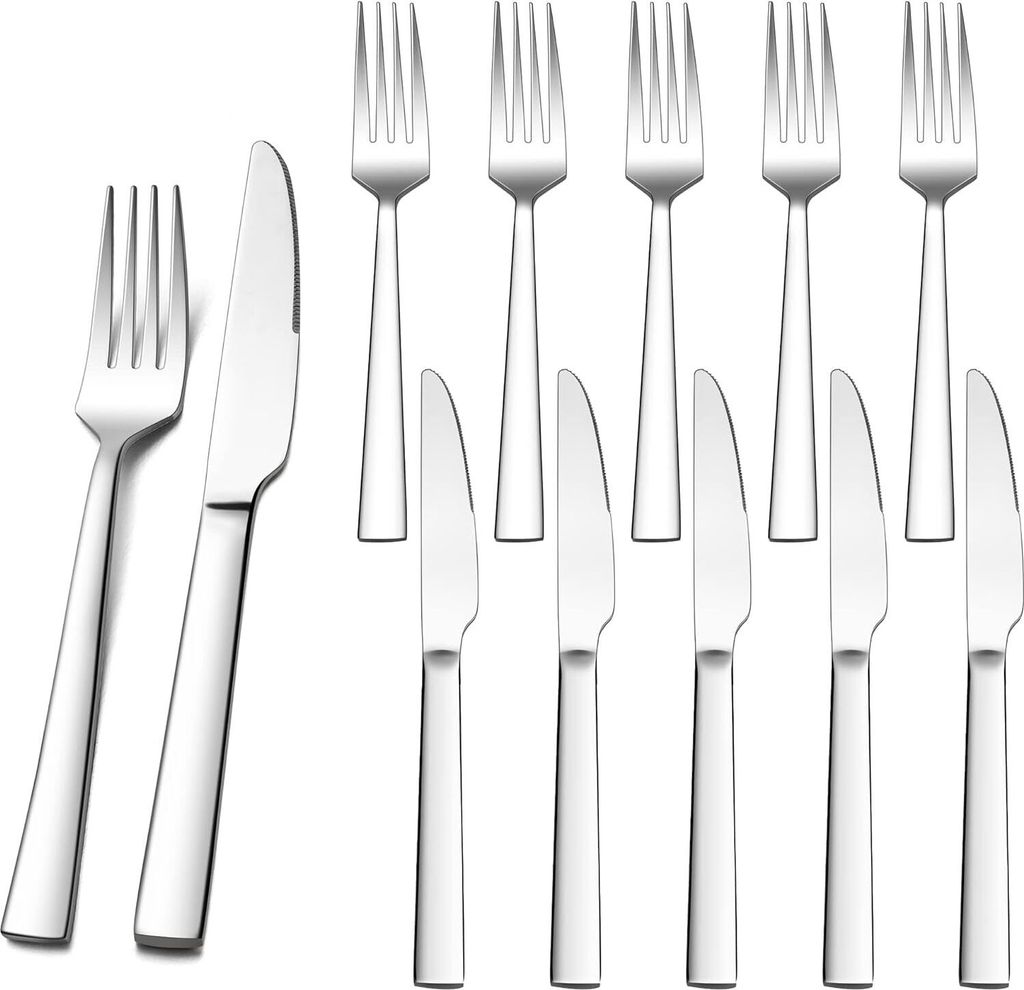 Steakbesteck Set, 12-teilig Edelstahl Tafelmesser und Tafelgabeln Set für 6 Personen, Hochwertiges Besteck Set mit 6 Messern und 6 Gabeln für Hau...