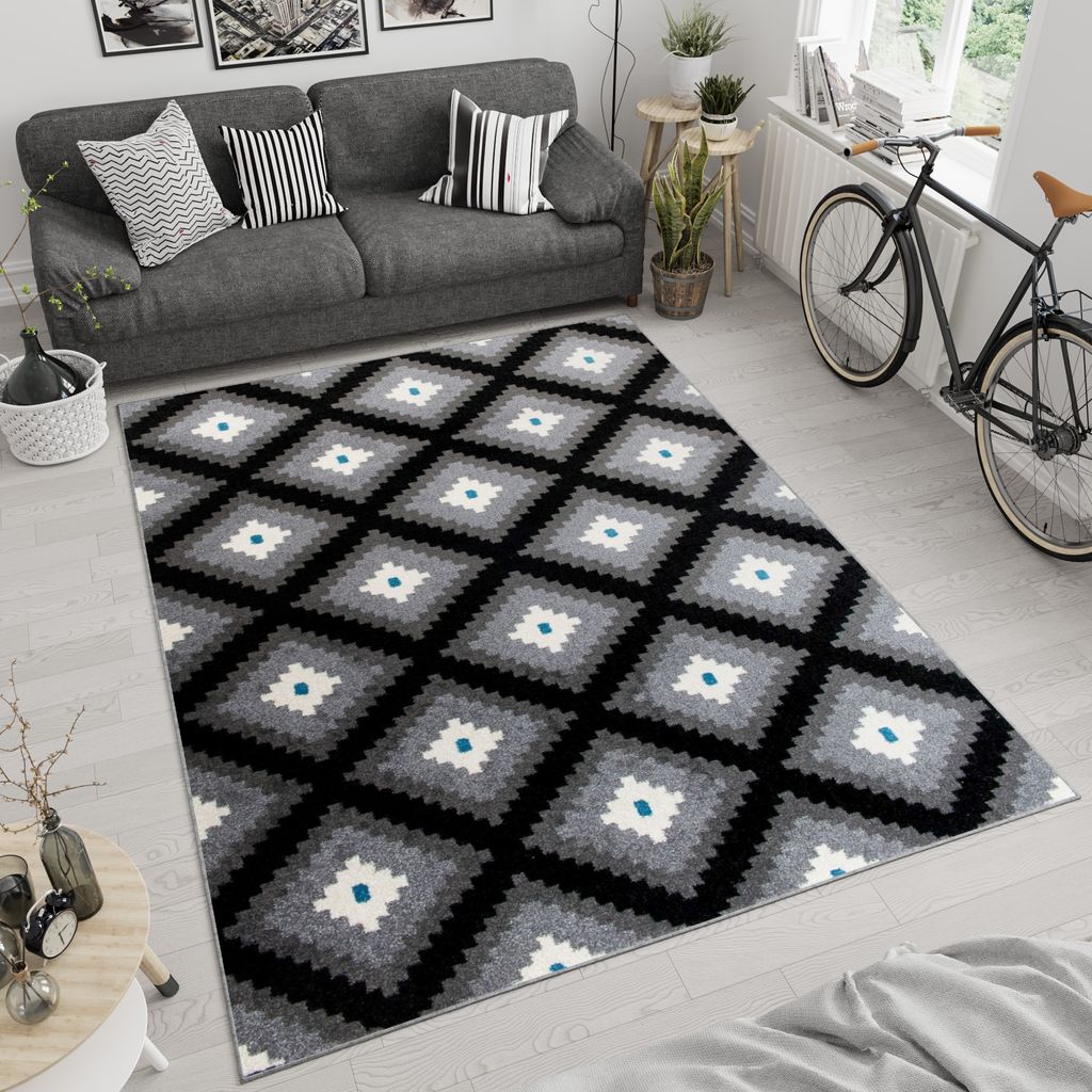 Teppich Wohnzimmer Schlafzimmer Kurzflor Modern Design Geometrisch Diamant Karo Kariert Grau Schwarz Creme Blau 80 x 150 cm