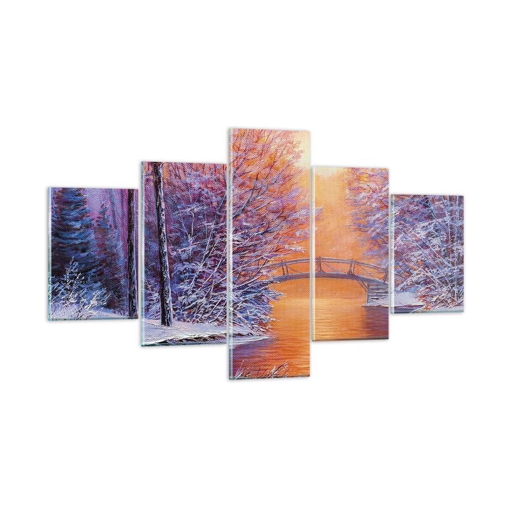 Bilder auf glas - 5 Teile - Brücke Schnee Wald - 125x70cm - Glasbilder - Wandbilder - Bilder - zum Aufhängen bereit - Wanddekoration aus Glas - G...