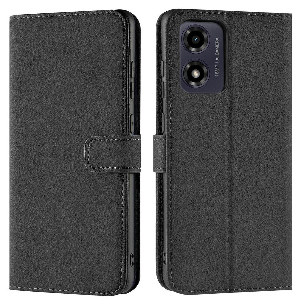 A black flip case for a smartphone is shown from the front and back.