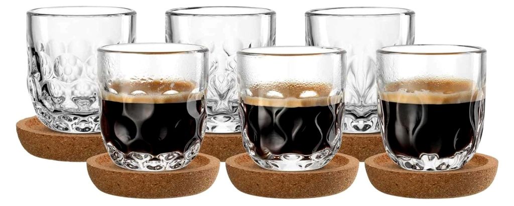 Espresso-Set 12-teilig, 60 ml, 6 Korkuntersetzer & 6 Espressogläser für Siebträger, spülmaschinengeeignet, mit Tropfenstruktur, transparent