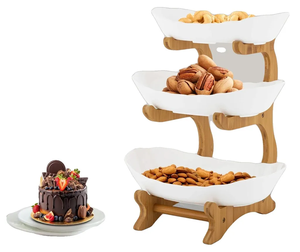 Présentoir à fruits à 3 niveaux en bambou et PP - Modèle Yuanbao robuste