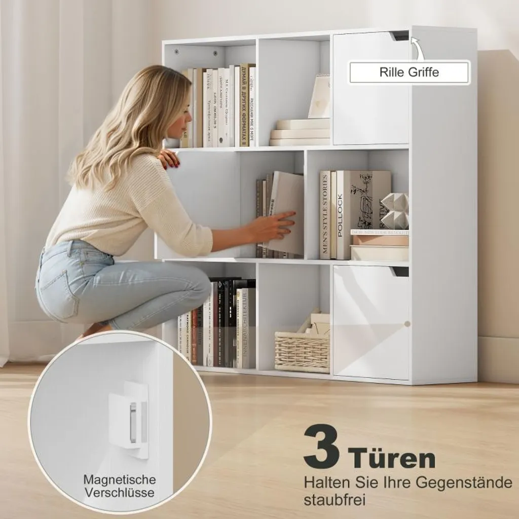 Bibliothèque Blanche à 9 Compartiments avec 3 Portes en Bois Particules