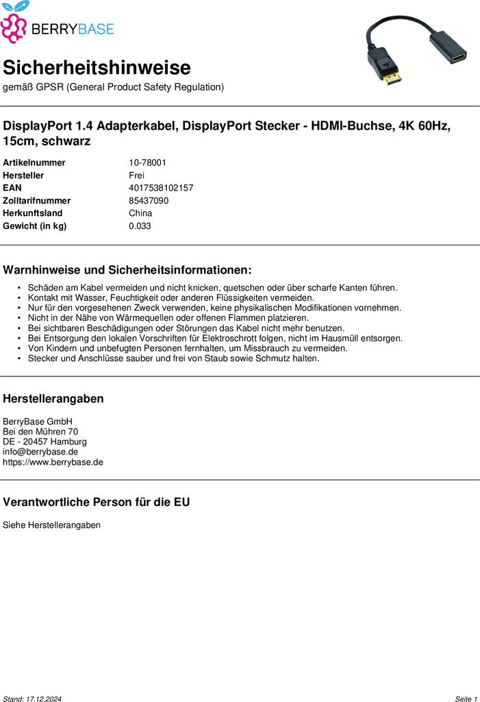 Displayport 1.4 Adapter, DP-HDMI, 4K60Hz