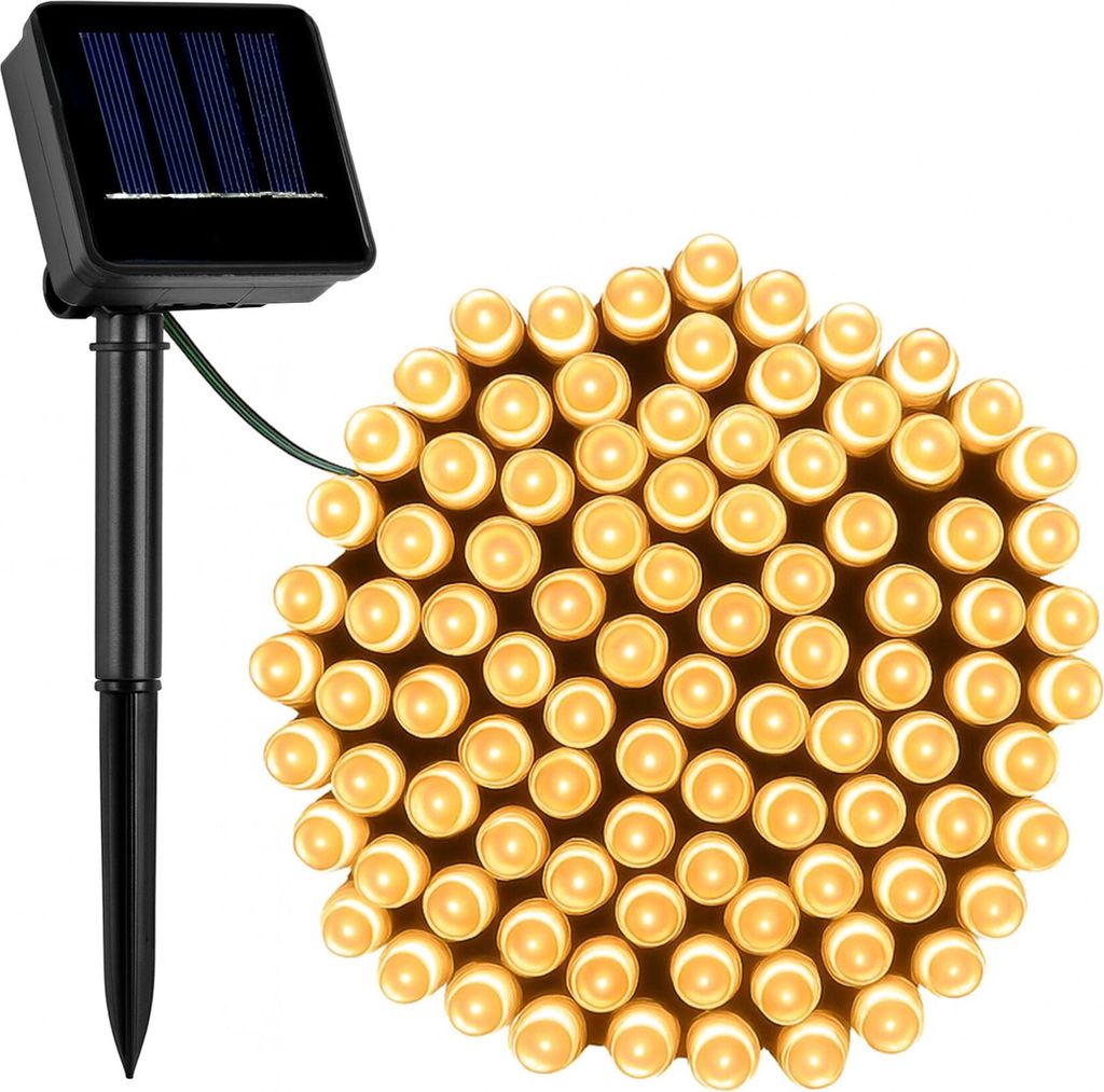 A solar-powered string of lights with a solar panel unit and a bundle of warm white LED lights.