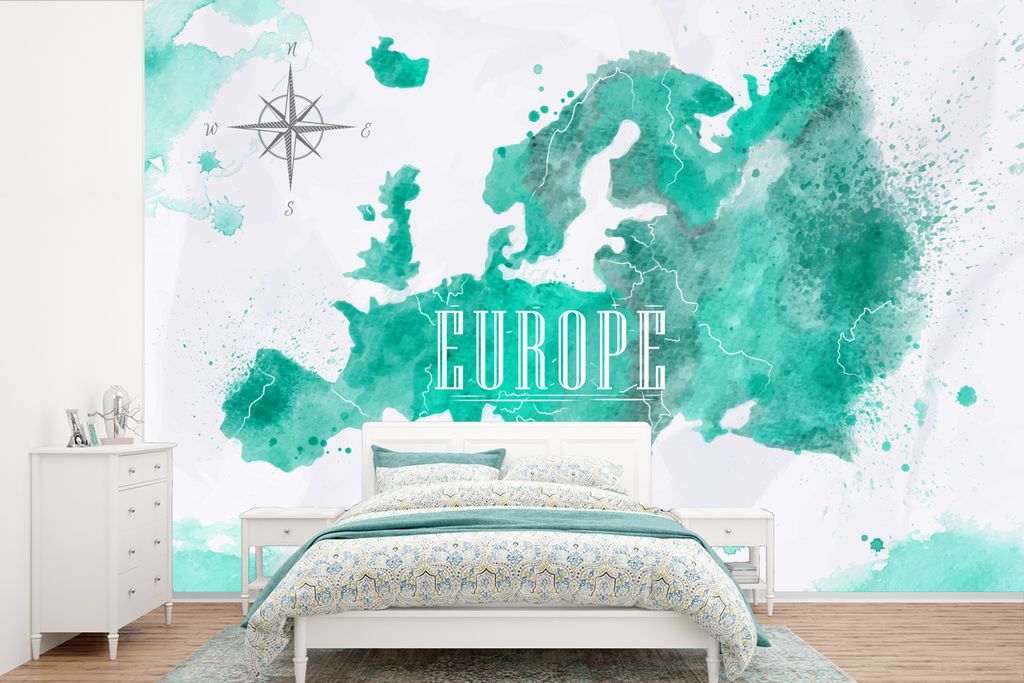 MuchoWow Fototapete für Wohnzimmer oder Schlafzimmer Wandtapete Vinyl Motivtapete Aquarell - Weltkarte - Europa - 525x350 cm - Das Hintergrundbild