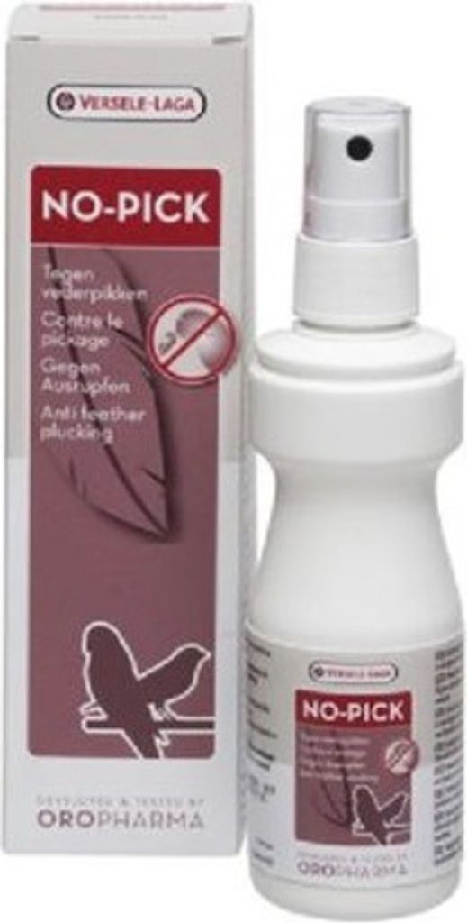 A product shot of a spray bottle and its packaging for bird feather plucking prevention.