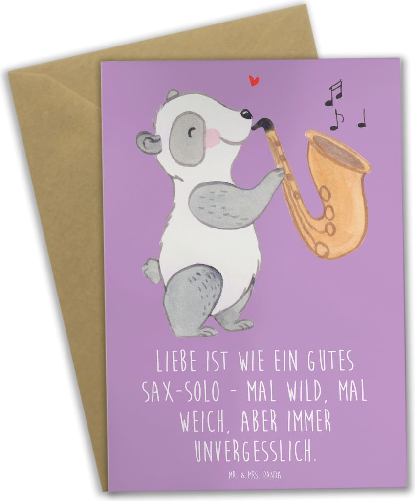 Mr. & Mrs. Panda Grußkarte Saxophon Liebe - Lavendeltraum - Geschenk, Musiker, Emotionen, Blues, osterkarte, unvergesslich, Musik, weihnachtskarte...