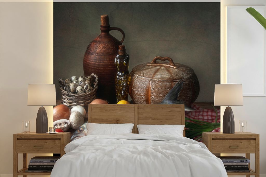 MuchoWow Fototapete für Wohnzimmer oder Schlafzimmer Wandtapete Vinyl Motivtapete Rustikal - Fisch - Stilleben - Gemüse - Kräuter - 240x240 cm...