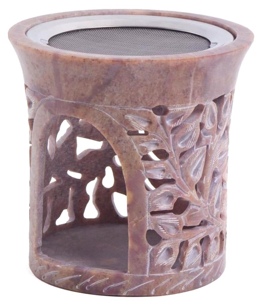 Weihrauchbrenner Windlicht KORBA 10 cm, Ø 9 cm mit Edelstahlsieb - Fair Trade Softstone mit Blätterrelief