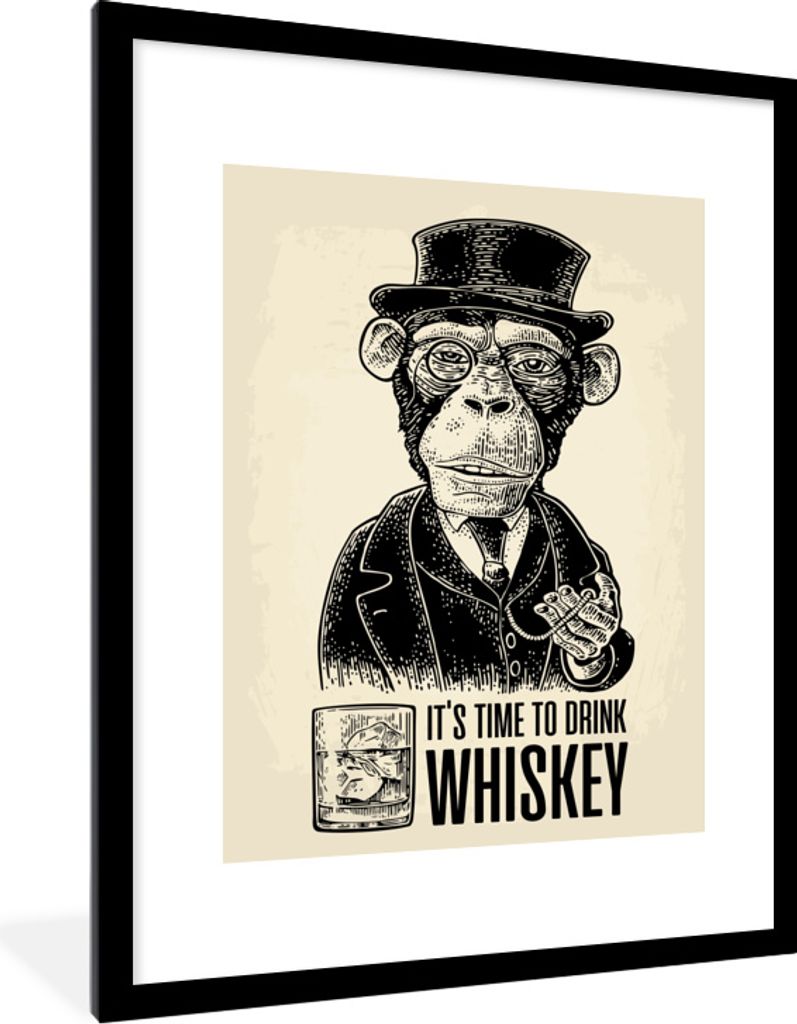 MuchoWow MuchoWow Gerahmtes Poster Mancave - Jahrgang - Whiskey - Affe 60x80 cm - Poster mit zchwarzem Bilderrahmen - Wohnzimmer - Dekorationen...
