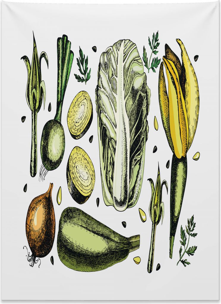 Abakuhaus Gemüse Kunst Wandteppich, Veganes Diät-Thema aus Weiches Mikrofaser Stoff Kein Verblassen Klare Farben Waschbar, 110 x 150 cm, Gelb Gr...
