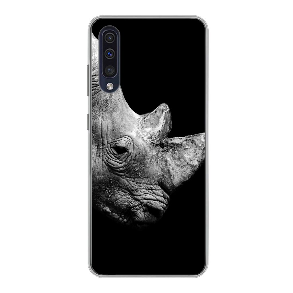 MuchoWow Handyhülle Schutzhülle Hülle für Samsung Galaxy A30s Portrait Nashorn auf schwarzem Hintergrund Silikon Softcase Handy Hülle - Kart...