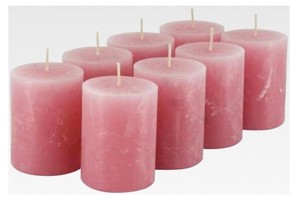 Rustikale Stumpenkerzen – 8 Stück – Wachskerzen in Antik Rosa (Höhe 8 cm / Ø 6 cm)