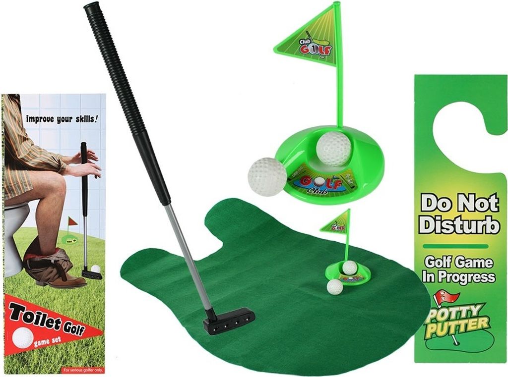 A collection of items for a toilet golf game, including a putting mat, putter, golf balls, and a door hanger.