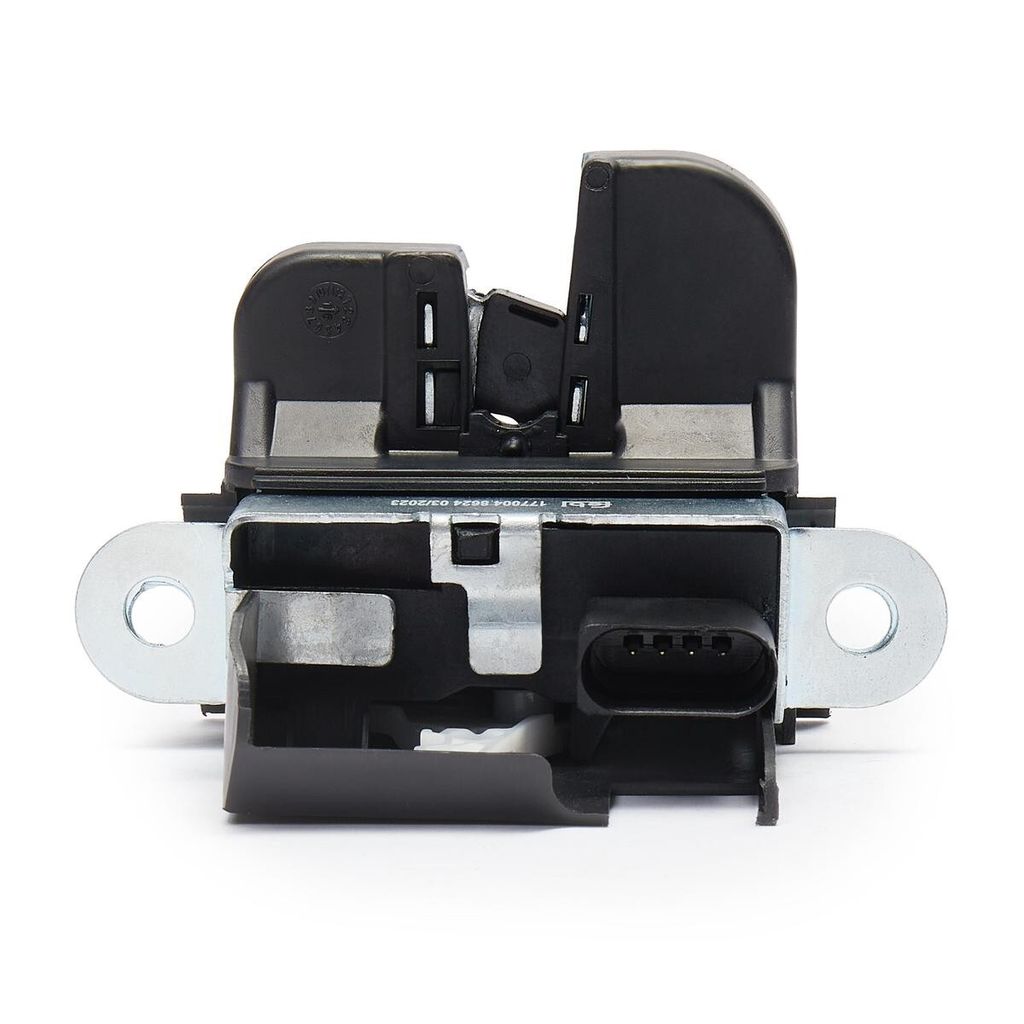 A close-up studio shot of a car trunk latch mechanism.