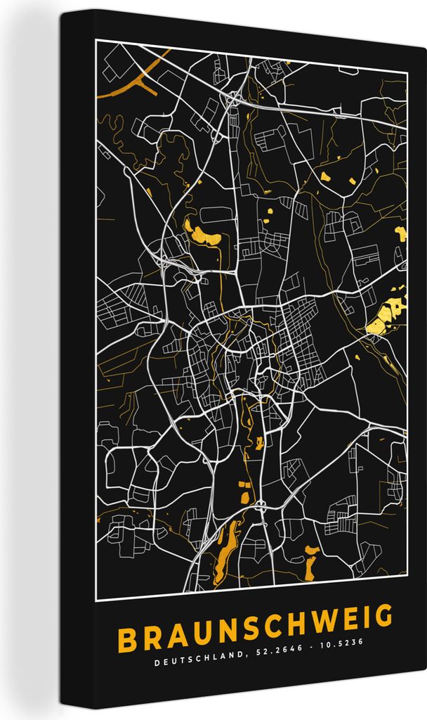 OneMillionCanvasses - Leinwandbilder - 90x140 cm, Braunschweig - Gold - Stadtplan - Karte - Deutschland, Wandbilder Kunstdruck Wanddekoration - F...