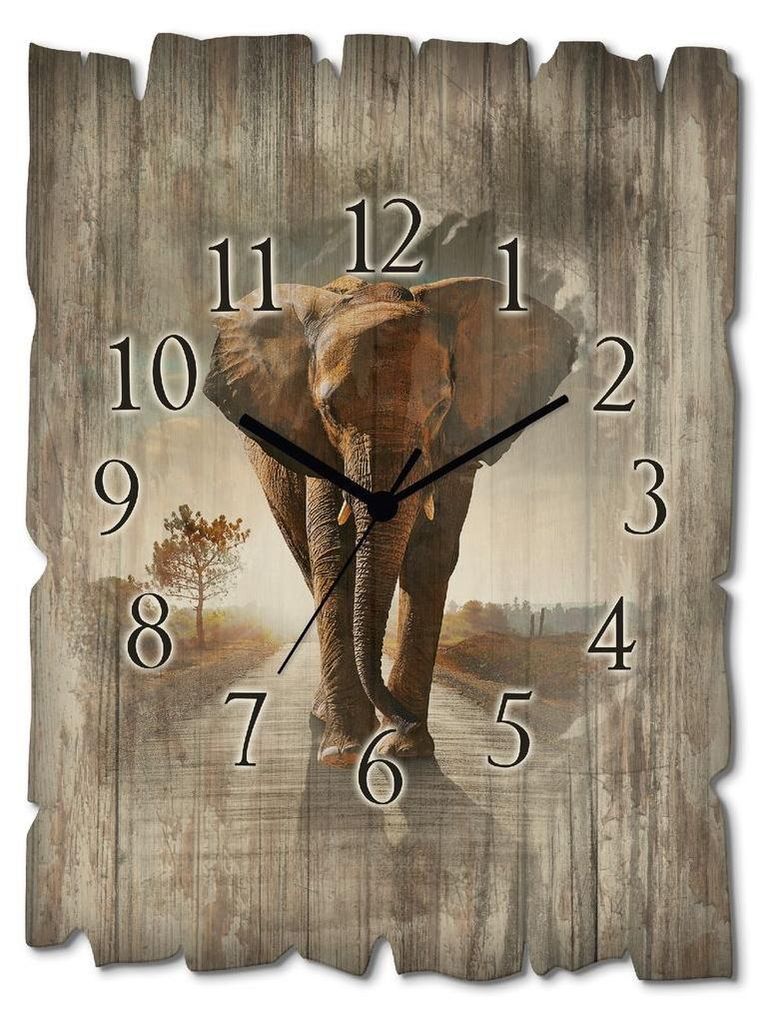 ARTland Holz Wanduhr Quarzuhr - schwarzer Zeiger Ein Elefant läuft auf der Straße Größe: 30x40 cm