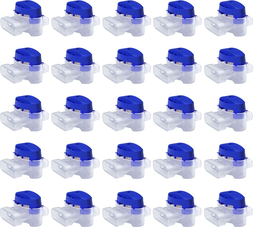 A grid of identical electrical wire connectors with blue tops and clear plastic bases, arranged on a white background.