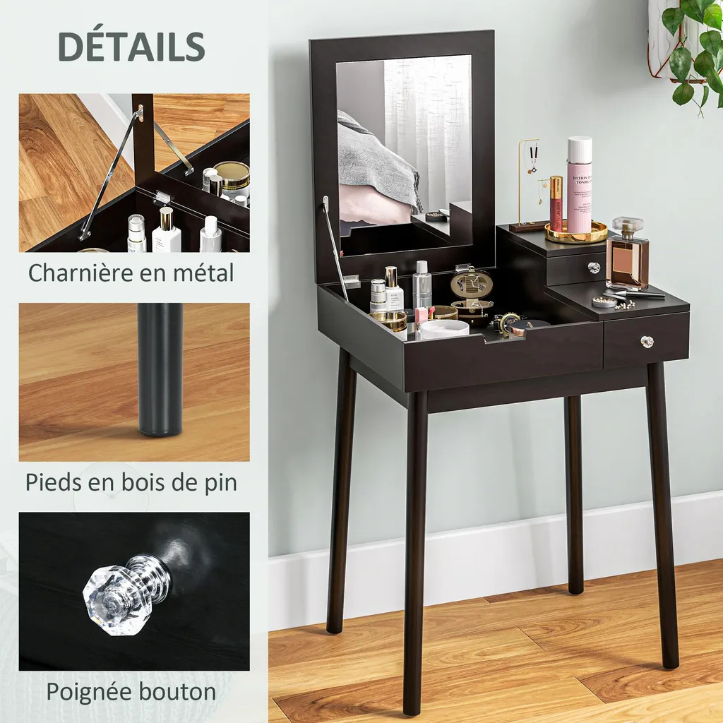 Table de maquillage gain de place coiffeuse noire miroir de chambre - 6