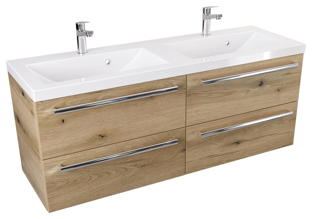 ATHD 120 cm DUO Wandhängender Waschtischunterschrank mit Waschbecken - Evoke Matt Eiche - Chromgriffe