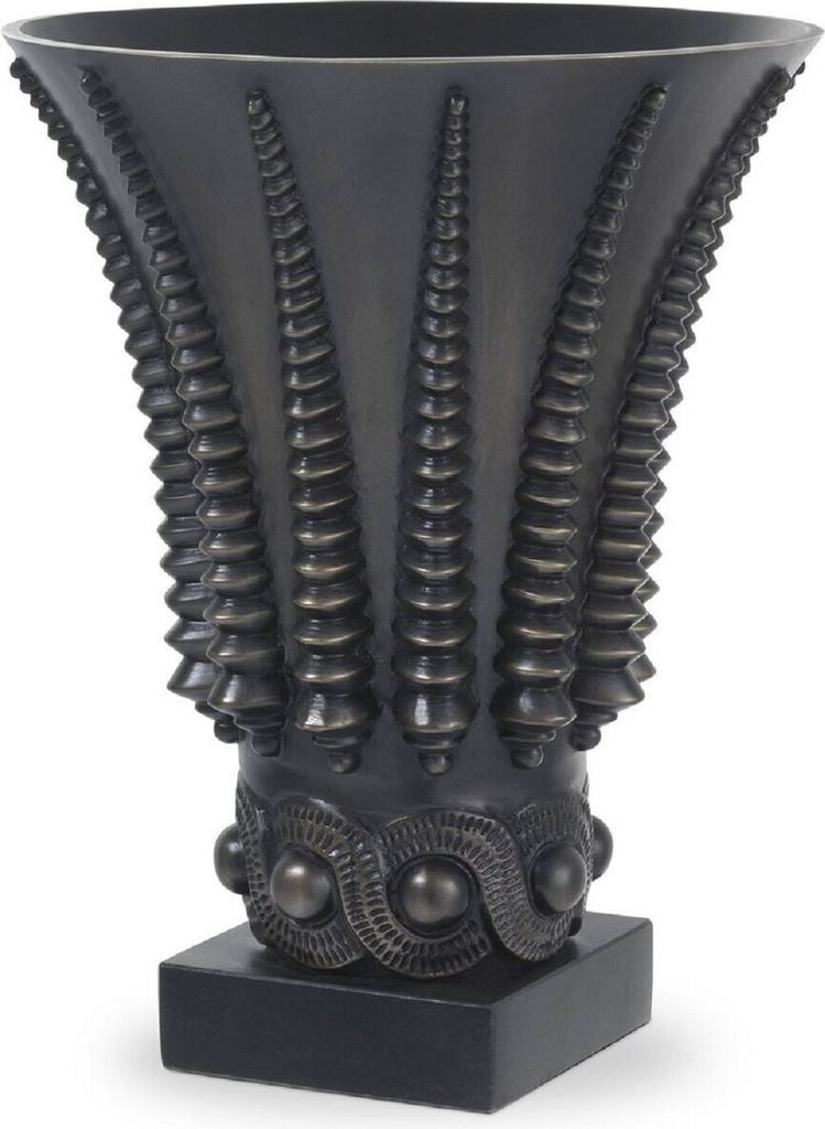 Casa Padrino Luxus Deko Vase Bronzefarben / Schwarz Ø 22 x H. 28 cm - Runde Messing Blumenvase mit Granitsockel - Luxus Qualität