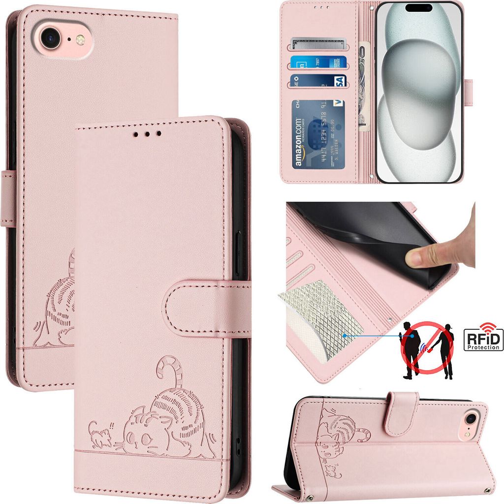 Leder Hülle für iPhone SE4 Süße Katze Flip Case Brieftasche Schutzhülle mit Standfunktion Pink