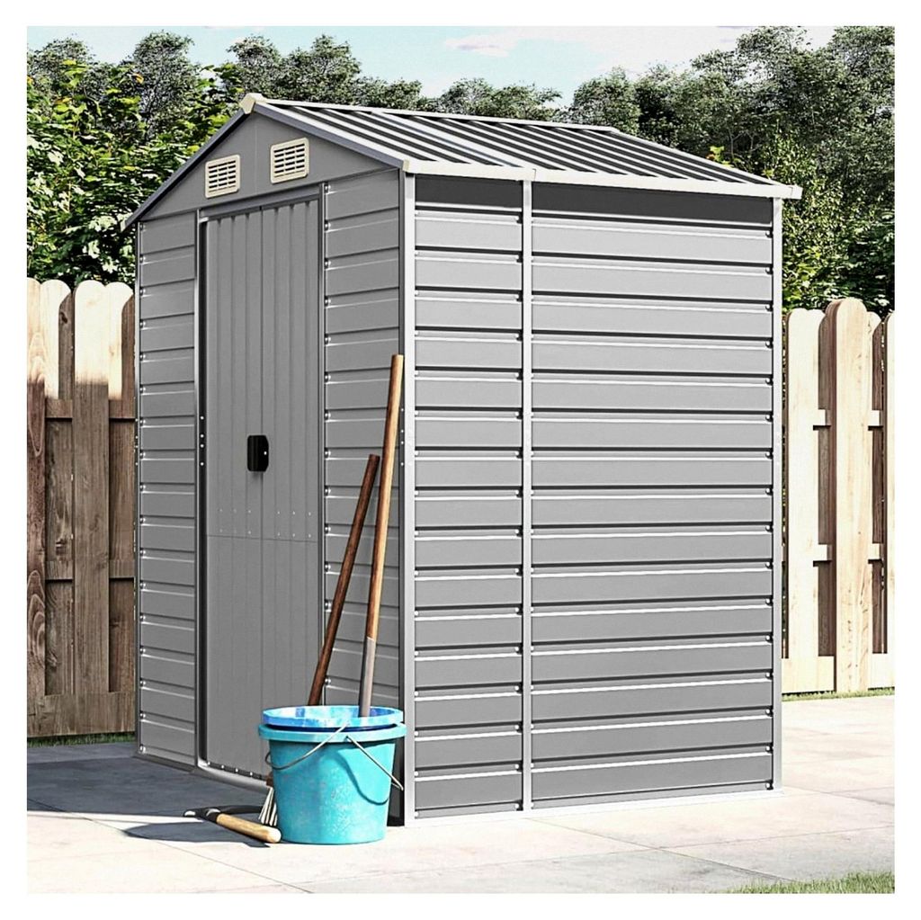 Gerätehaus Hellgrau 191x130x198 cm aus verzinktem Stahl, wasserfest, Gartenhaus für Fahrradgarage, Werkzeug und Poolzubehör