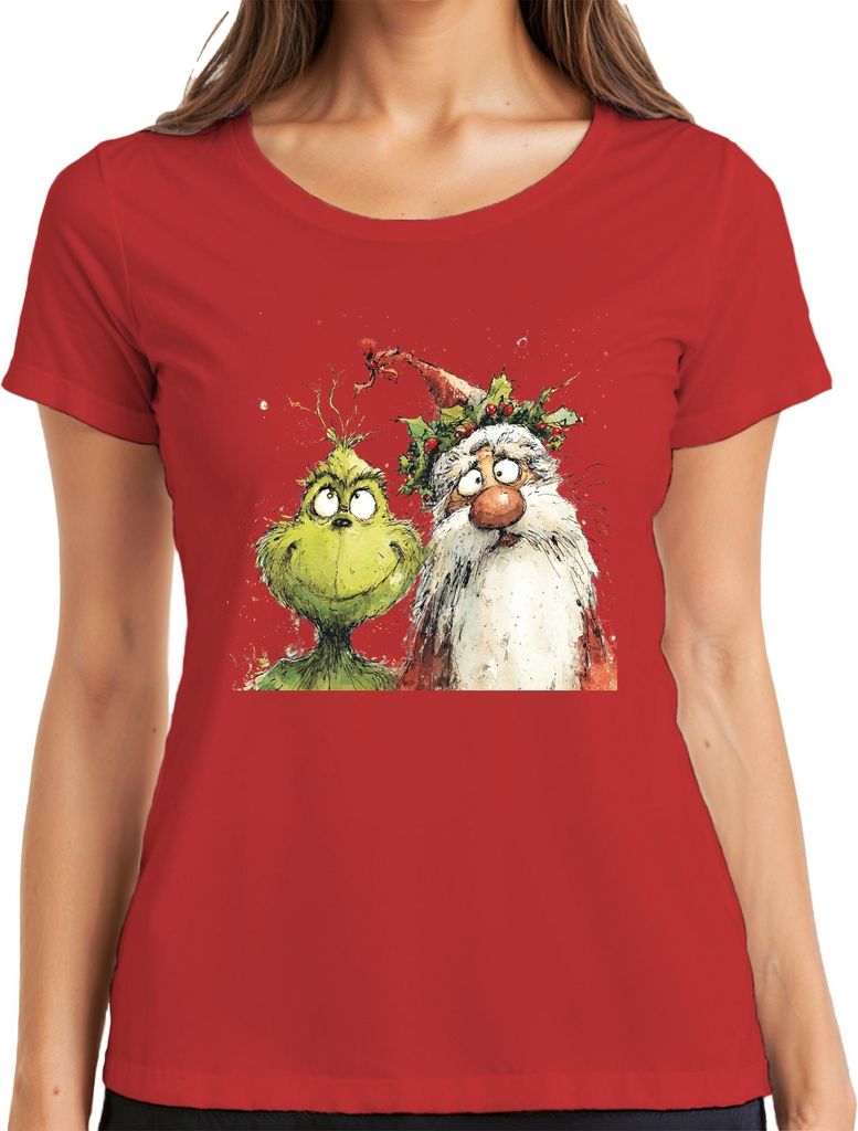 Grinch Weihnachtsmann frech Weihnachtsspaß Aquarell Cartoon Damen T-Shirt, Rot, XL