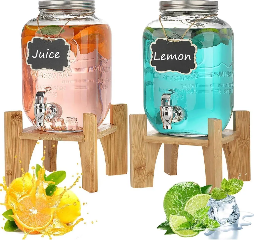 Set 2 Dispenser Bevande Vetro 4L Design Moderno con Rubinetto in Bambù