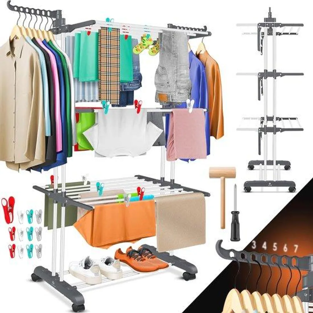 Séchoir à linge grande capacité 4 étages modulables et ailes porte-cintres