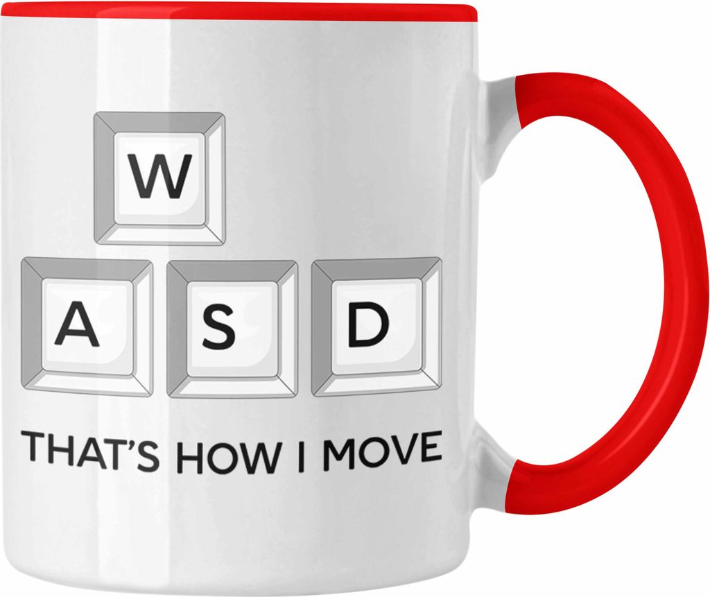 Trendation - Gamer Tasse WASD Geschenk Zocker Jungs Lustiges Dekokissen That's How I Move Gaming PC (Rot)