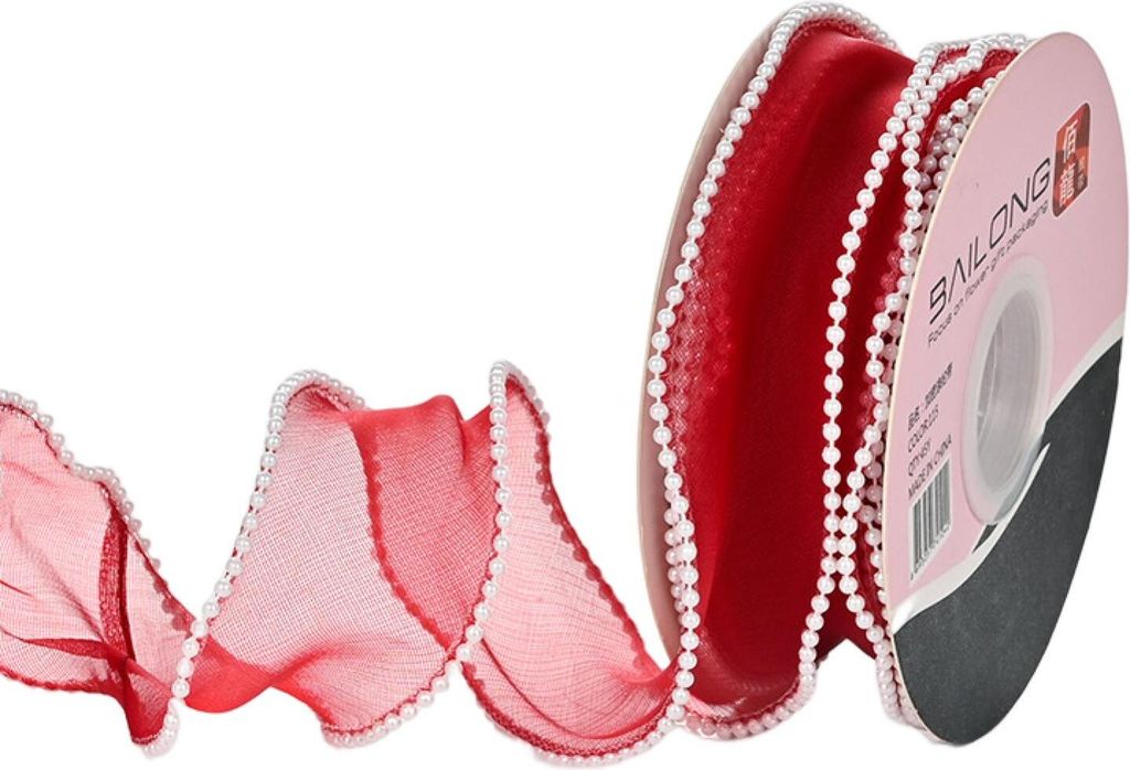 1 Rolle, 4 cm, Blumenstraußband, Kunstperlenrand, starke Zähigkeit, dekoratives DIY-Fliegen-Blumenstrauß-Verpackungsband, Partyzubehör, Weinrot
