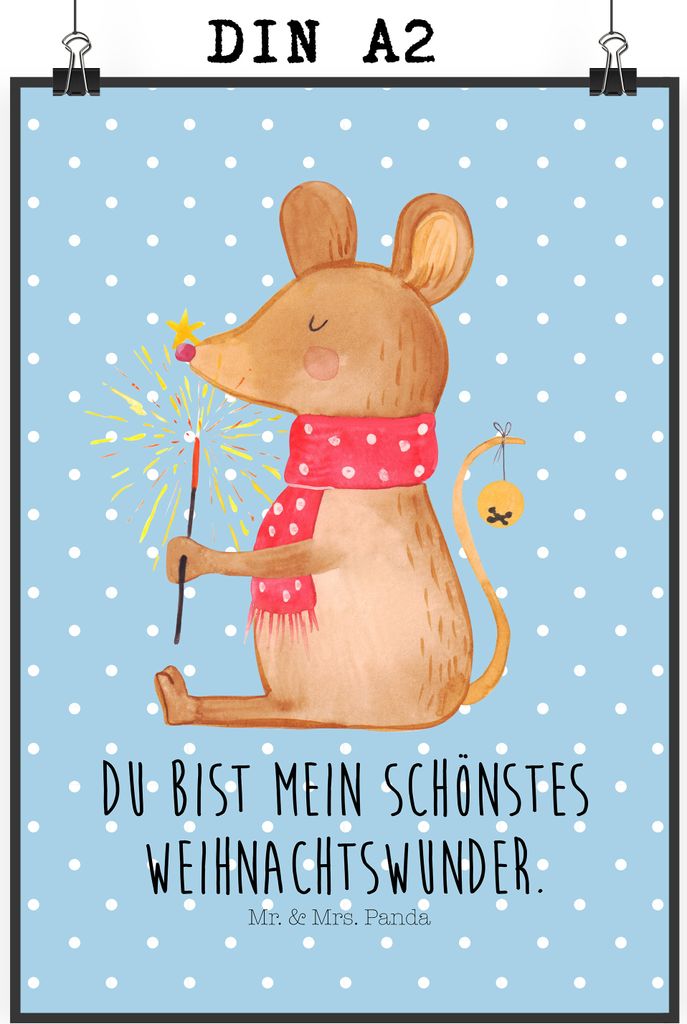 Mr. & Mrs. Panda Bild Maus Weihnachten DIN A2 - Blau Pastell - Geschenk, Weihnachtsmotiv, Weihnachtswunder, Wanddekoration, Wandbild, wandkunst, dr...
