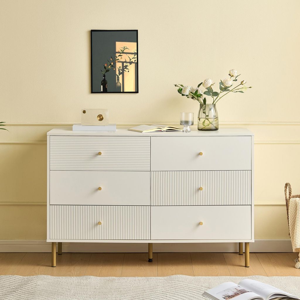 Merax Sideboard mit 6 Schubladen, Weiße Kommode mit Zinklegierung-Griffen und Stahlbeinen, 120×40×78cm, Schrank für Schlafzimmer & Wohnzimmer