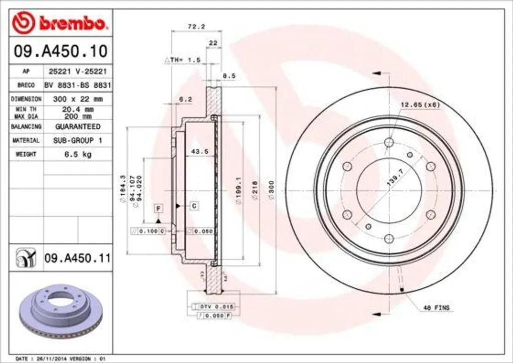 Disque Brembo 09.A450.11 Haute Teneur en Carbone Pajero MR418067
