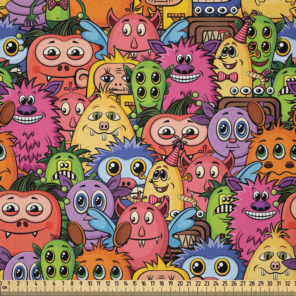 ABAKUHAUS Außerirdischer Microfaser Stoff als Meterware , Karneval der Bestien Cartoon Monster mit verschiedenen Kunststilen aus dieser Welt Theme...