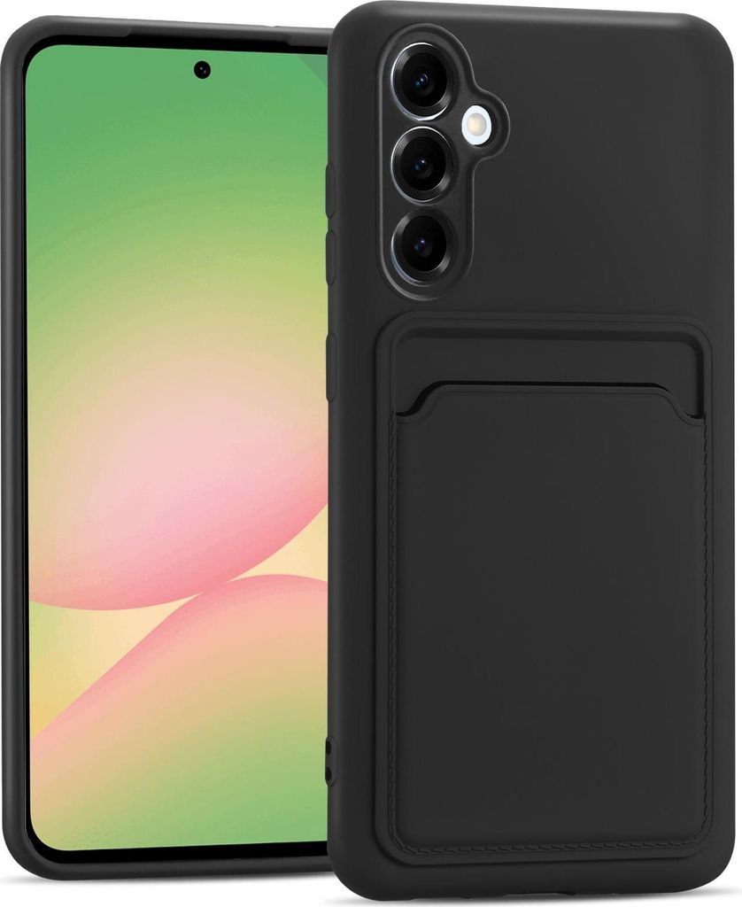 A black phone case with a card slot is shown on a white background, next to a smartphone.