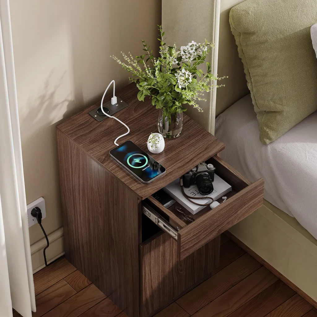 Table de nuit connectée aspect noyer avec multiprise et ports USB-C - 2