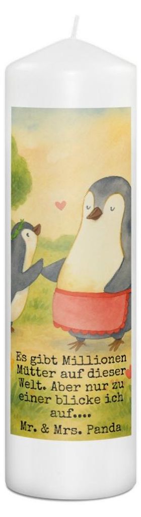 Mr. & Mrs. Panda Kerze Pinguin mit Kind Design 29 x 8 cm XL - Weiß - Geschenk, Mama, Bruder, Muttertag, Vorbild, Blockkerze, Erinnerungslicht, Fam...
