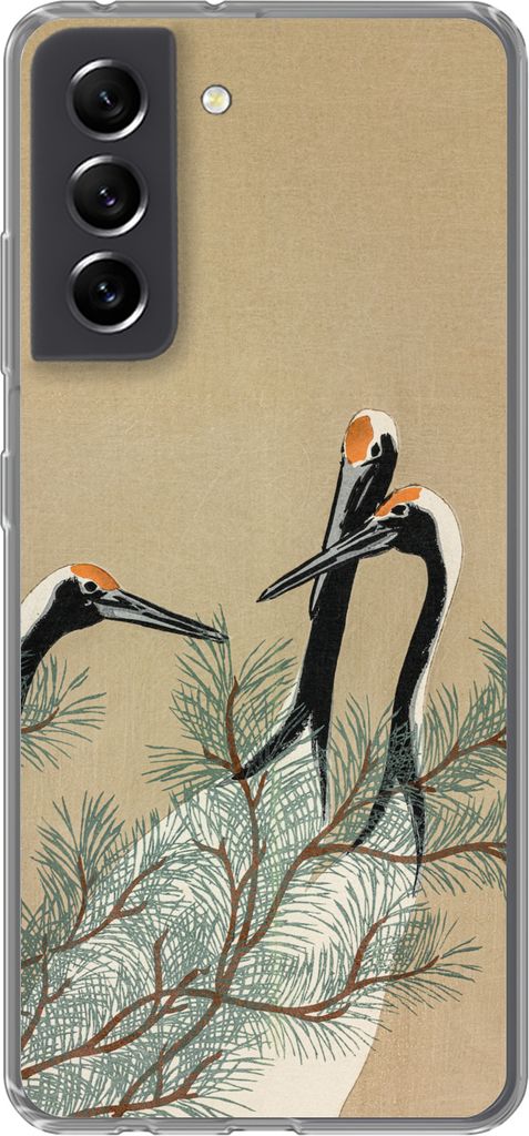 MuchoWow Handyhülle Schutzhülle Hülle für Telefoonhoesje Samsung Galaxy S21 FE Blätter - Kranich - Tiere - Skandinavisch - Japan Silikon Sof...