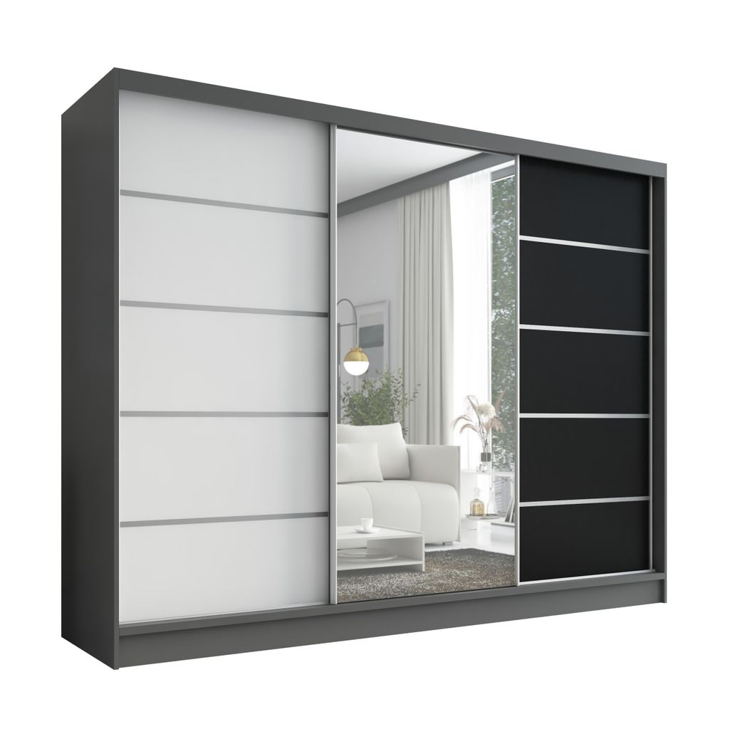 Schwebetürenschrank, 3-türig Schrank 200 cm mit Spiegel ARIVA 1 (Graphit, Schwarz , Weiß)