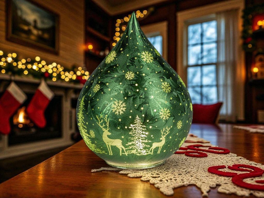 A festive Christmas-themed scene with a decorative glass drop on a table, with a fireplace and stockings in the background.