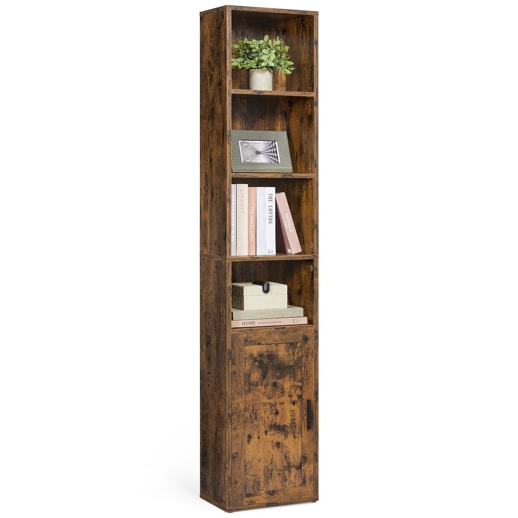 A tall, narrow bookshelf with a rustic wood finish, standing against a white background.